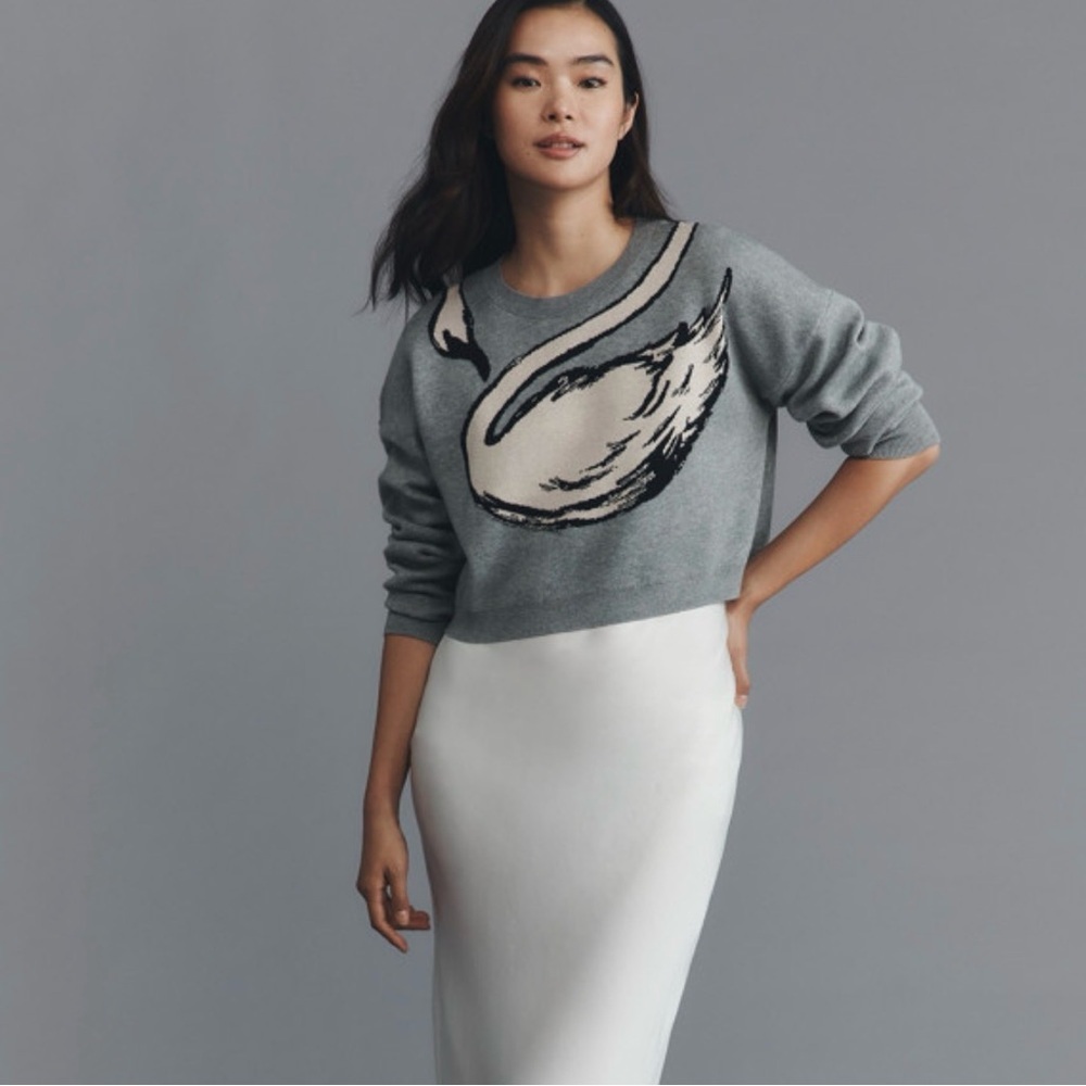 Anthropologie Gray Sweater with Cream Swan Graphic twofer dress midi new M